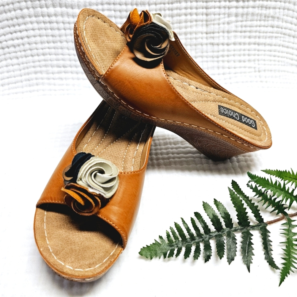Peep Toe Wedge Slide-On Mule Sandals, Size 7.5